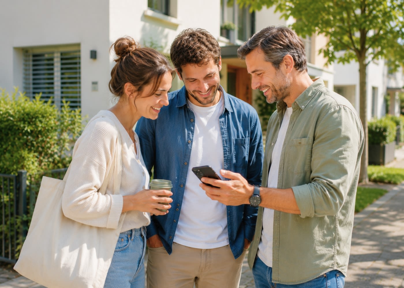 Drei Personen besprechen gemeinsam einen Auftrag auf dem Smartphone und finden über KnowS lokale Dienstleistungen und Unterstützung in der Schweiz.