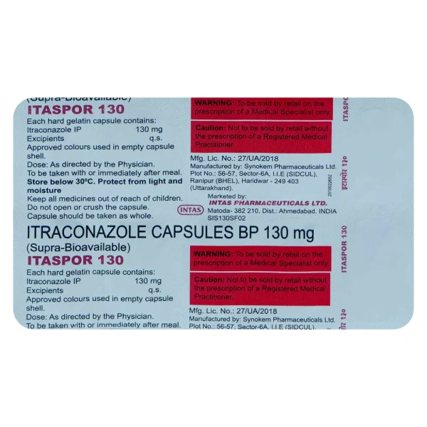 Itaspor 130mg Capsule (Itraconazole) belongs to a group of medicines called antifungals.-RX Supply