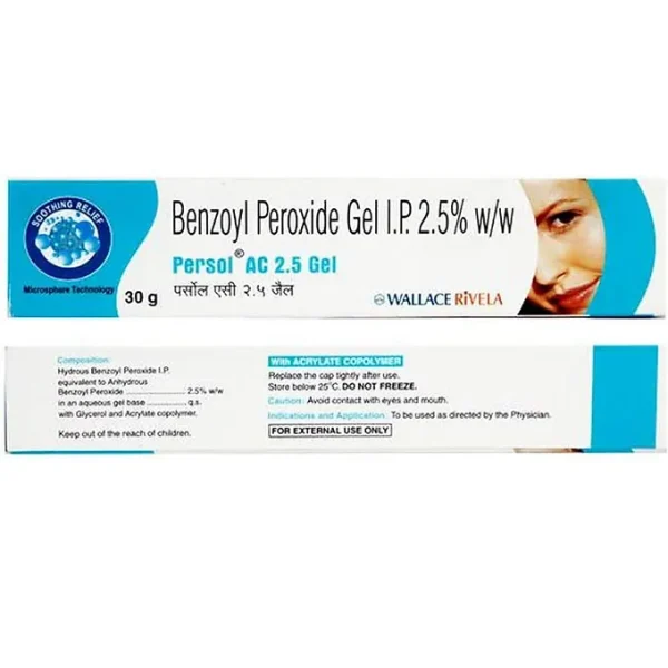 Persol Ac Gel 2.5% Gel is an anti-bacterial medicine that helps treat acne