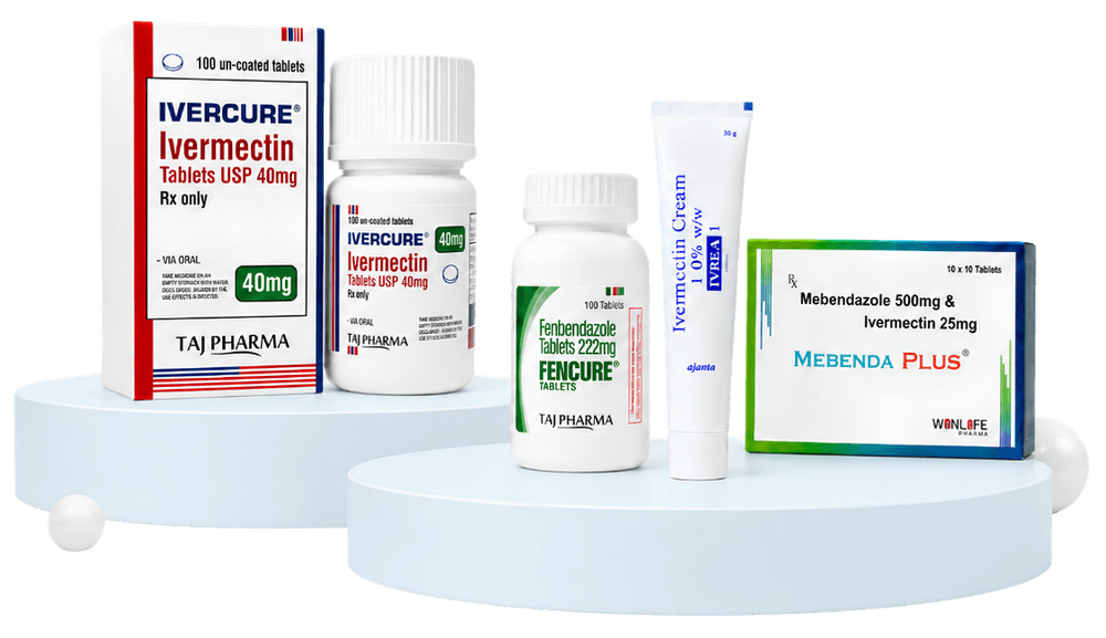 Ivermectin, Fenbendazole, Iverheal Cream and Mebenda Plus medicine packs