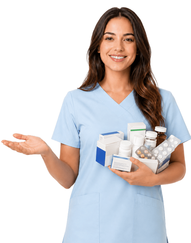 Pharmacist holding a selection of medicines