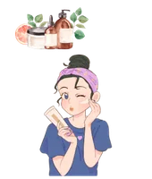 Woman applying skincare cream with beauty products