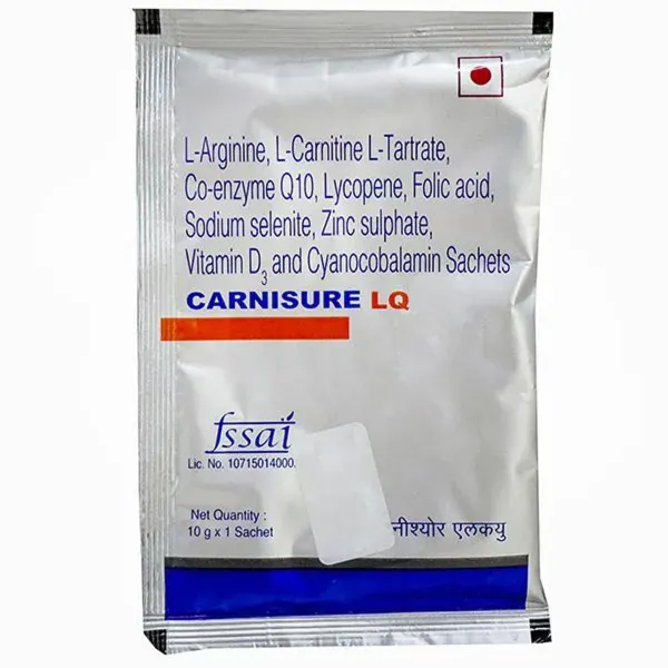 Carnisure LQ sachet is a nutritional supplement. L-arginine, L-carnitine L-tartrate, co-enzyme Q10