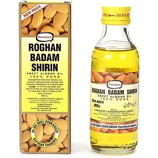 Roghan Badam Shirin is a 100 ml bottle of pure almond oil, known for its numerous health benefits./RX Supply