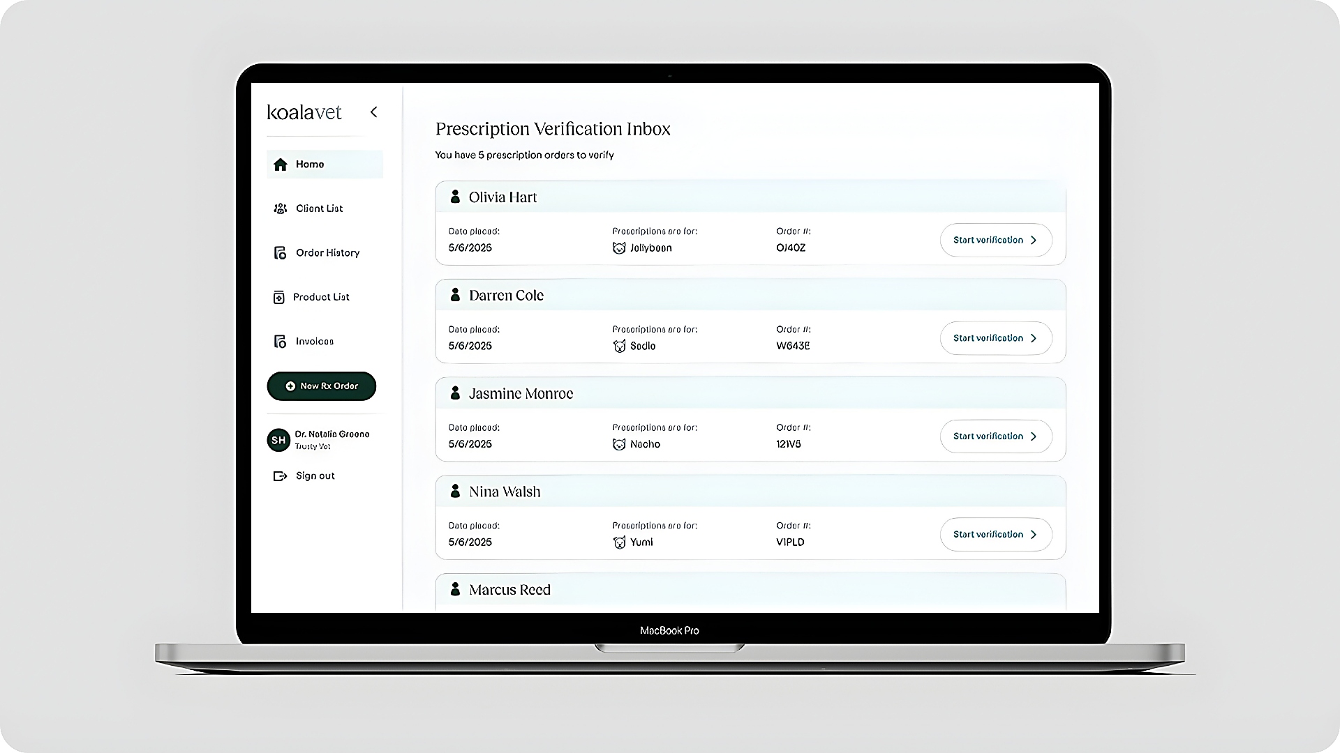 KoalaVet prescription verification inbox shown on a laptop