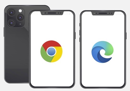 Two mobile phones with the logo of Google Chrome and Microsoft Edge