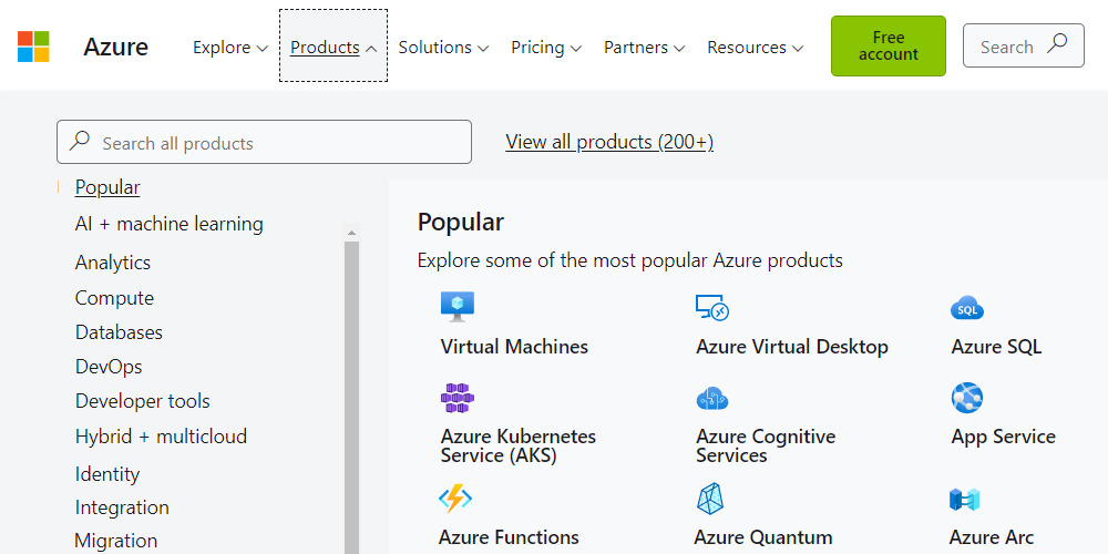 Screenshot Azure services