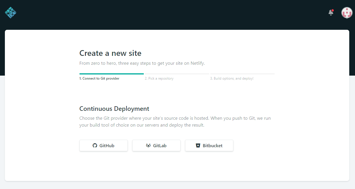 Create a new site page of Netlify to choose a git provider where the user’s source code is hosted for continuous deployment Step-1