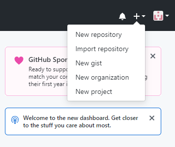 In the upper-right corner of any GitHub page, click +, and then click New repository.