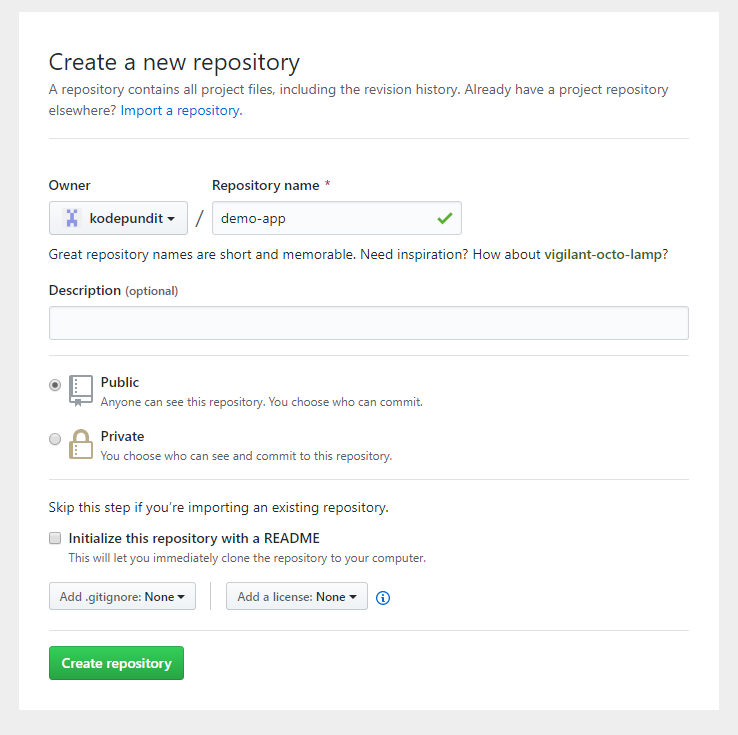 Create a new repository screen, Along with options to add name, optional description and Public or Private mode.