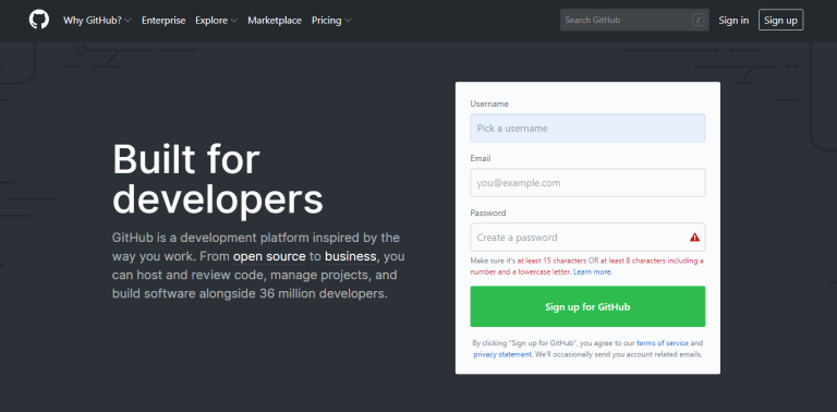 The homepage of Github with a signup form on the right of the screen, along with the navigation on the top and an intro of what GitHub is all about, that reads “Built for developers”.