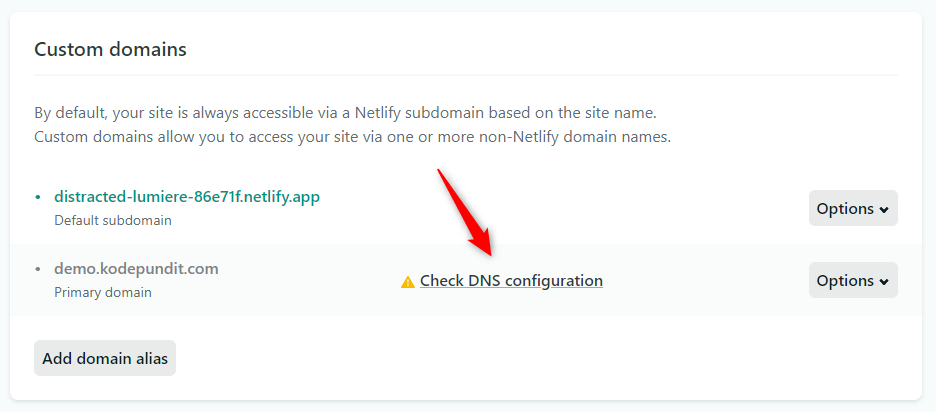 Custom domain DNS Configuration screen