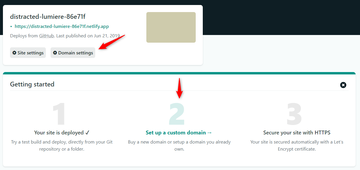 Netlify overview page with options highlighted to add a custom domain on netlify via Domain settings or Set up a custom domain.