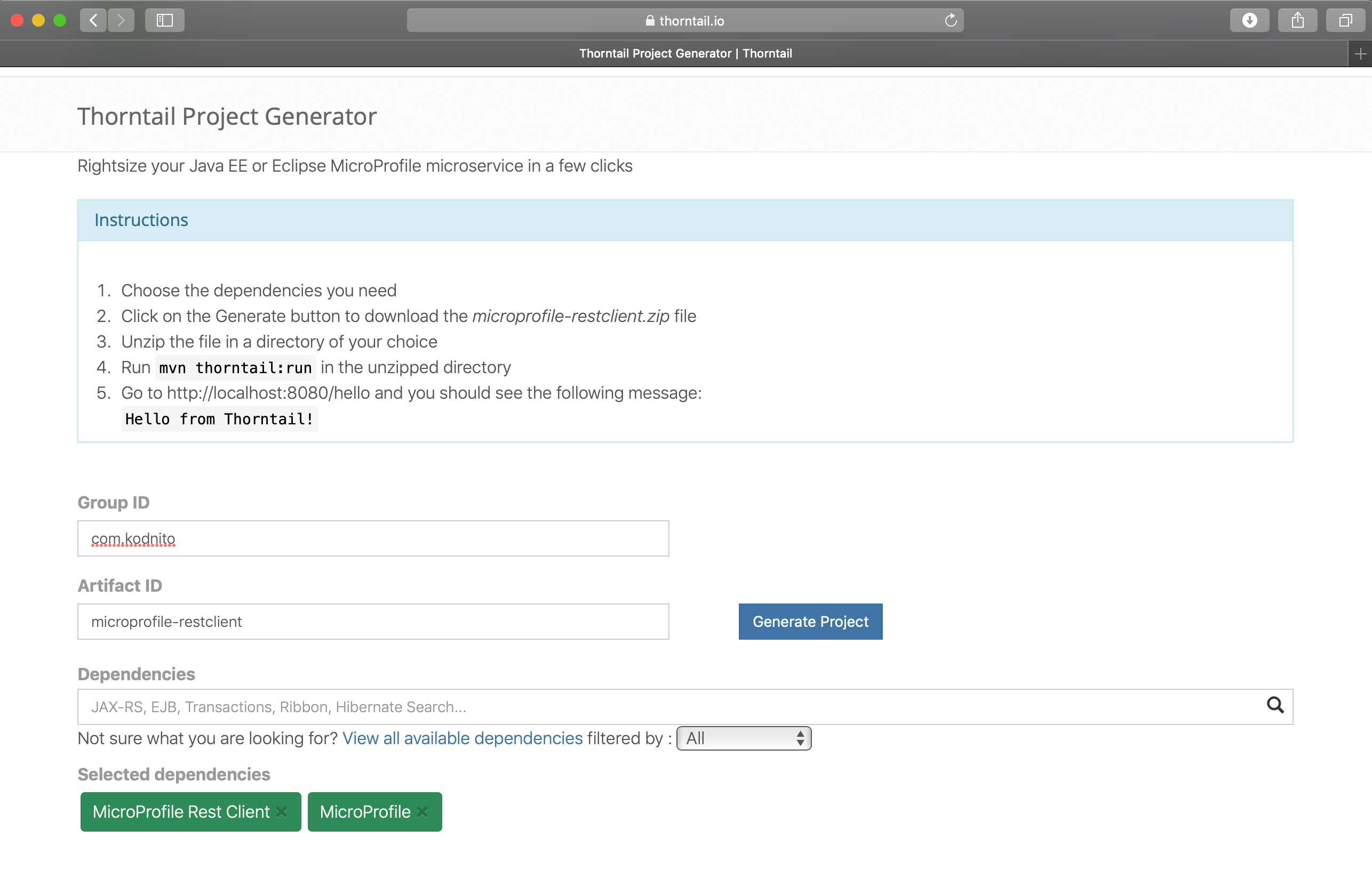 microprofile restclient thorntail project generator