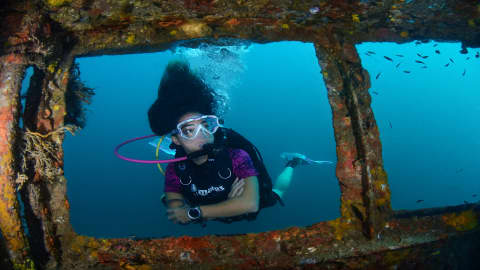 Koh Tao Divers female diver exploring the interior of a colorful sunken shipwreck