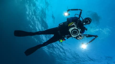 Koh tao divers underwater photographer holding a camera setup with dual strobes.