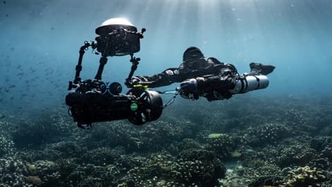 Koh Tao Divers diver using DPV (Diver Propulsion Vehicle) over vibrant coral reef
