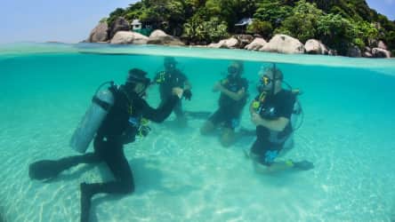 Koh Tao Divers instructor guiding beginners in shallow tropical waters near Koh Tao island