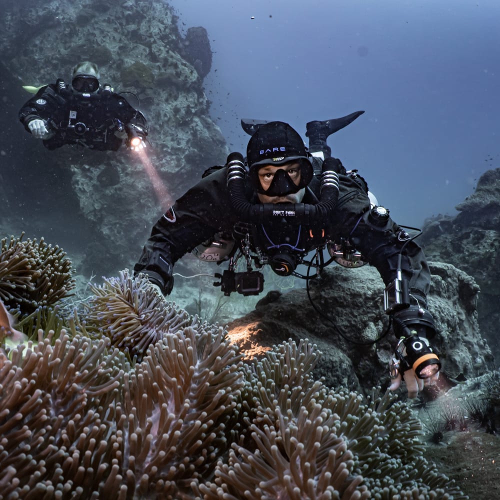 Koh Tao Divers rebreather divers diving close to corals with flashlights