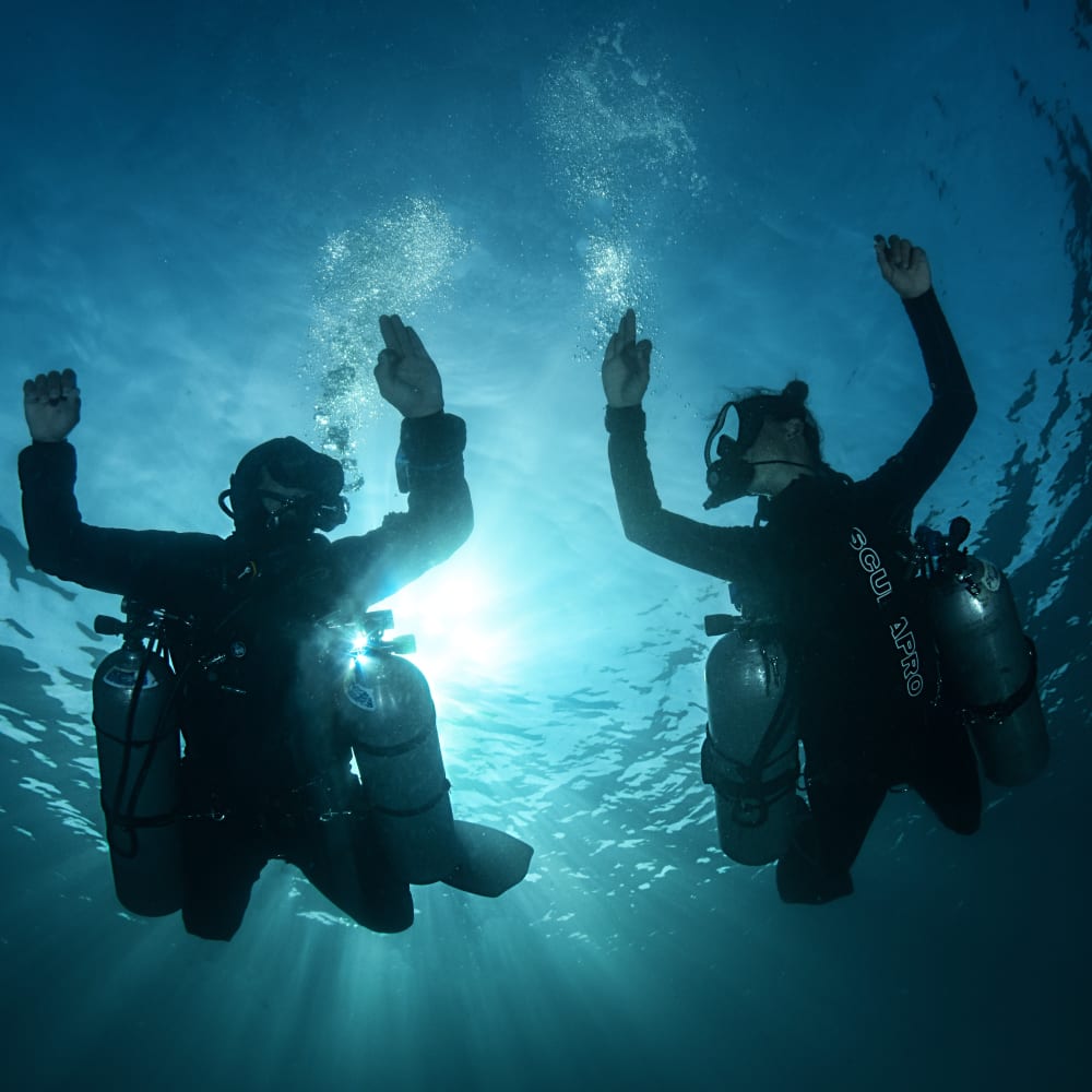 Koh tao divers two divers practicing sidemount configuration underwater 