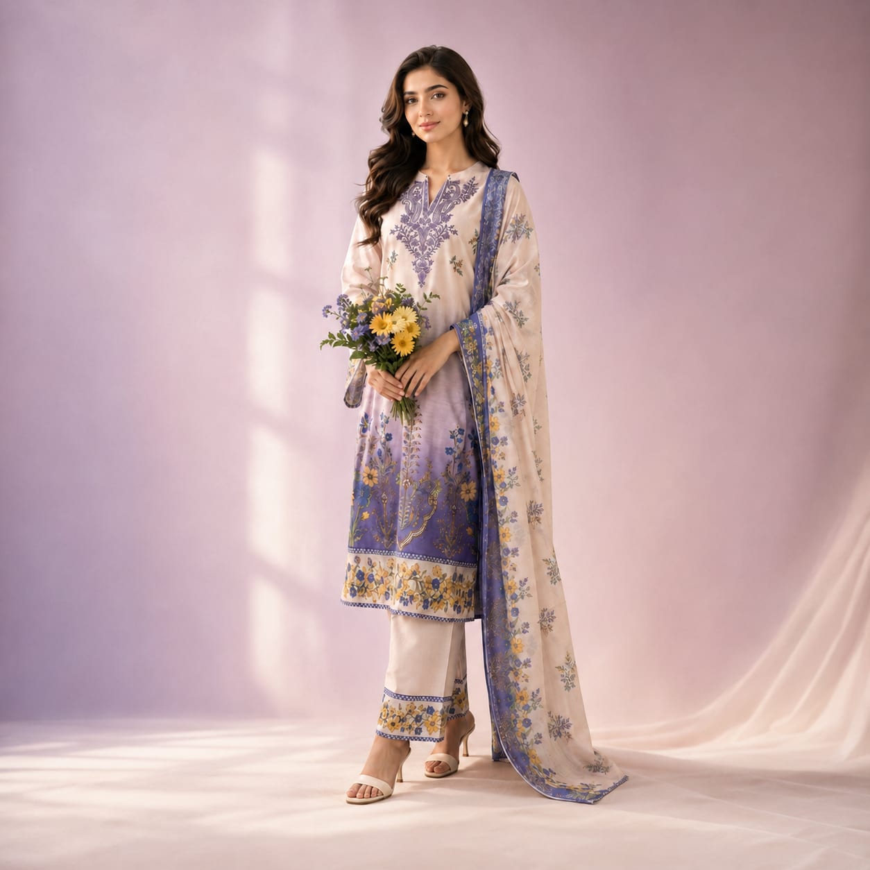 Premium Floral Printed 3-Piece Suit – Ivory & Lavender Ombré Premium Floral Printed 3-Piece Suit – Ivory & Lavender Ombré