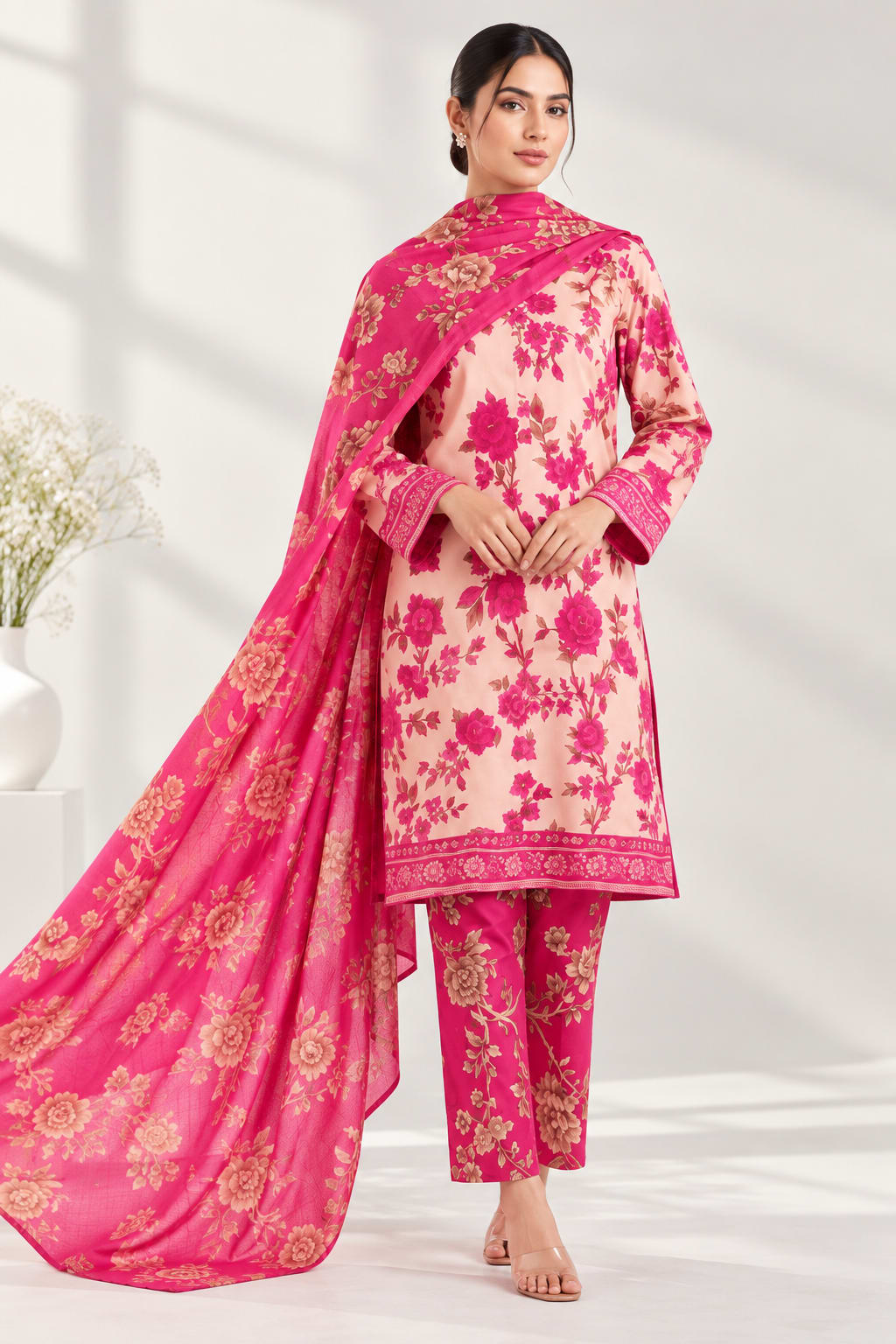 Rosy Bloom Printed 3-Piece Suit – Stitched & Unstitched Rosy Bloom Printed 3-Piece Suit – Stitched & Unstitched