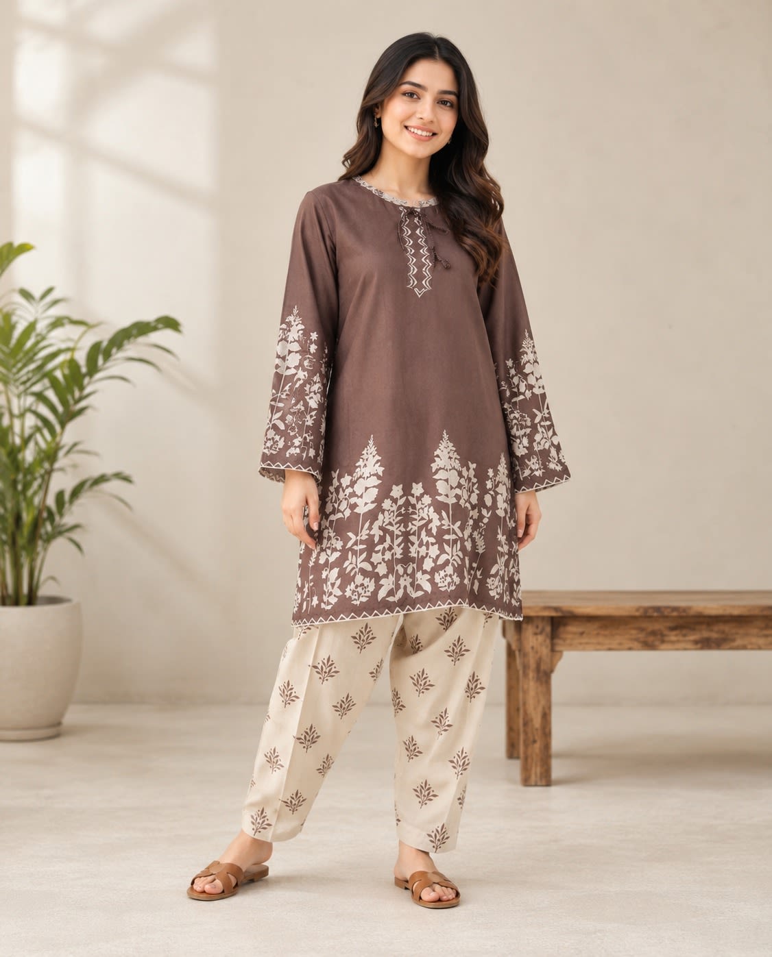 Brown Floral 2 Piece Stitched Suit Brown Floral 2 Piece Stitched Suit