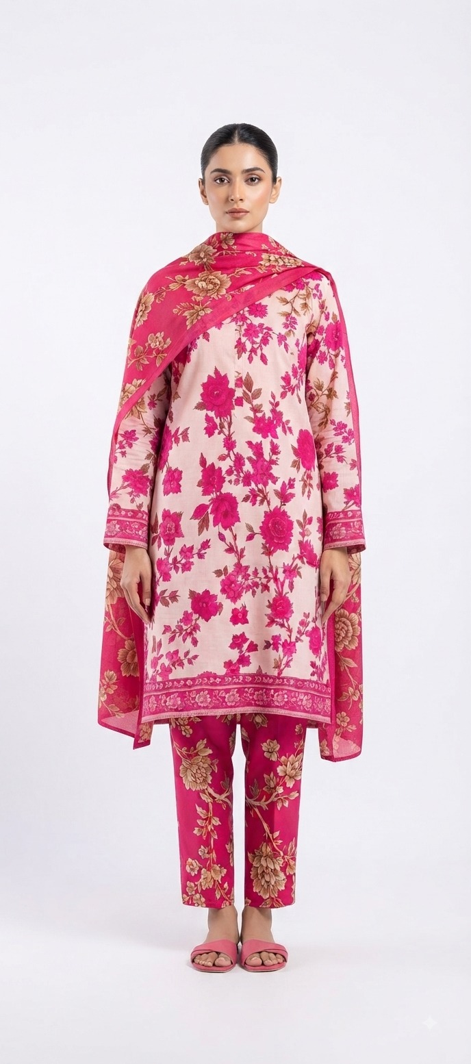 Rosy Bloom Printed 3-Piece Suit – Stitched & Unstitched Rosy Bloom Printed 3-Piece Suit – Stitched & Unstitched