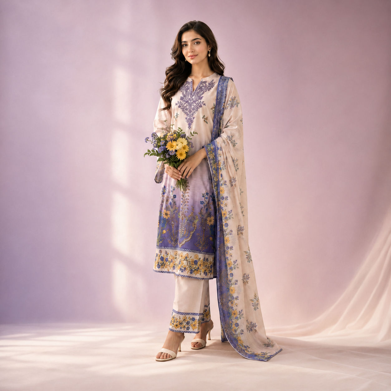 Premium Floral Printed 3-Piece Suit – Ivory & Lavender Ombré Premium Floral Printed 3-Piece Suit – Ivory & Lavender Ombré