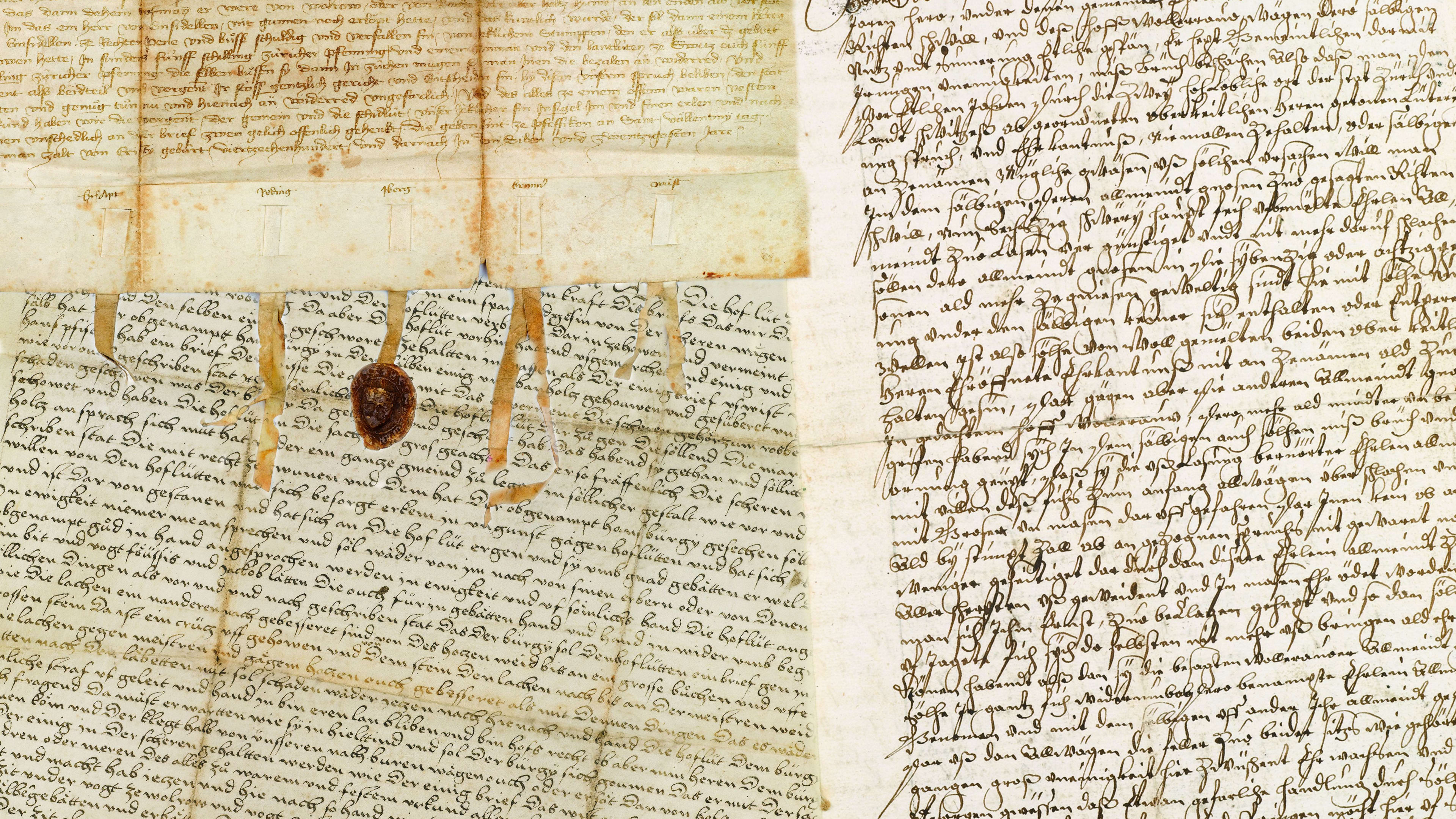 Bild mit uralten Schriften und Urkunden aus dem Archiv der Korporation Wollerau