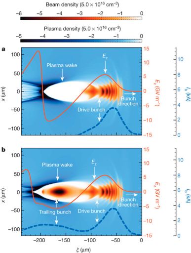Схема плазменного кильватерного ускорения. Сверху — при отсутствии пучка ускоряемых электронов, снизу — при его наличии (Trailing bunch). Оттенками синего передана плотность электронов в плазме. Кильватерная волна (Plasma wake) возбуждается электронным пучком — драйвером (Drive bunch), распространяющимся слева направо. Красной линией показано продольное электрическое поле на оси пучка, тёмно-синим пунктиром показано распределение плотности электронов там же.