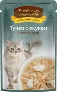 Деревенские лакомства консервы для кошек тунец и окунь в желе, 0.07кг