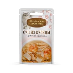 Лакомства Деревенские для кошек суп из курицы с креветкой и гребешком пауч, 0.035кг
