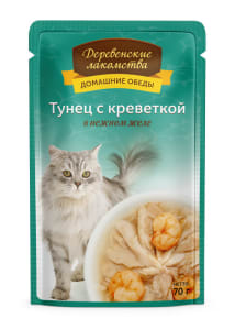 Деревенские лакомства консервы для кошек тунец и креветка в желе, 0.07кг