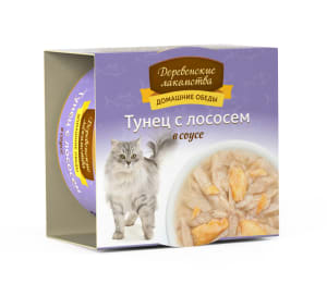 Деревенские лакомства консервы для кошек тунец и лосось соус, 0.08кг