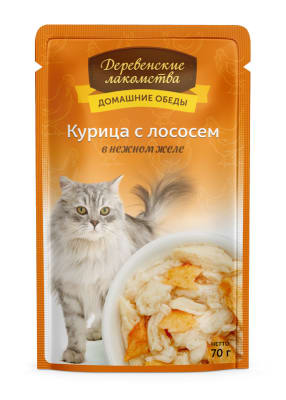 Деревенские лакомства консервы для кошек курица и лосось в желе, 0.07кг