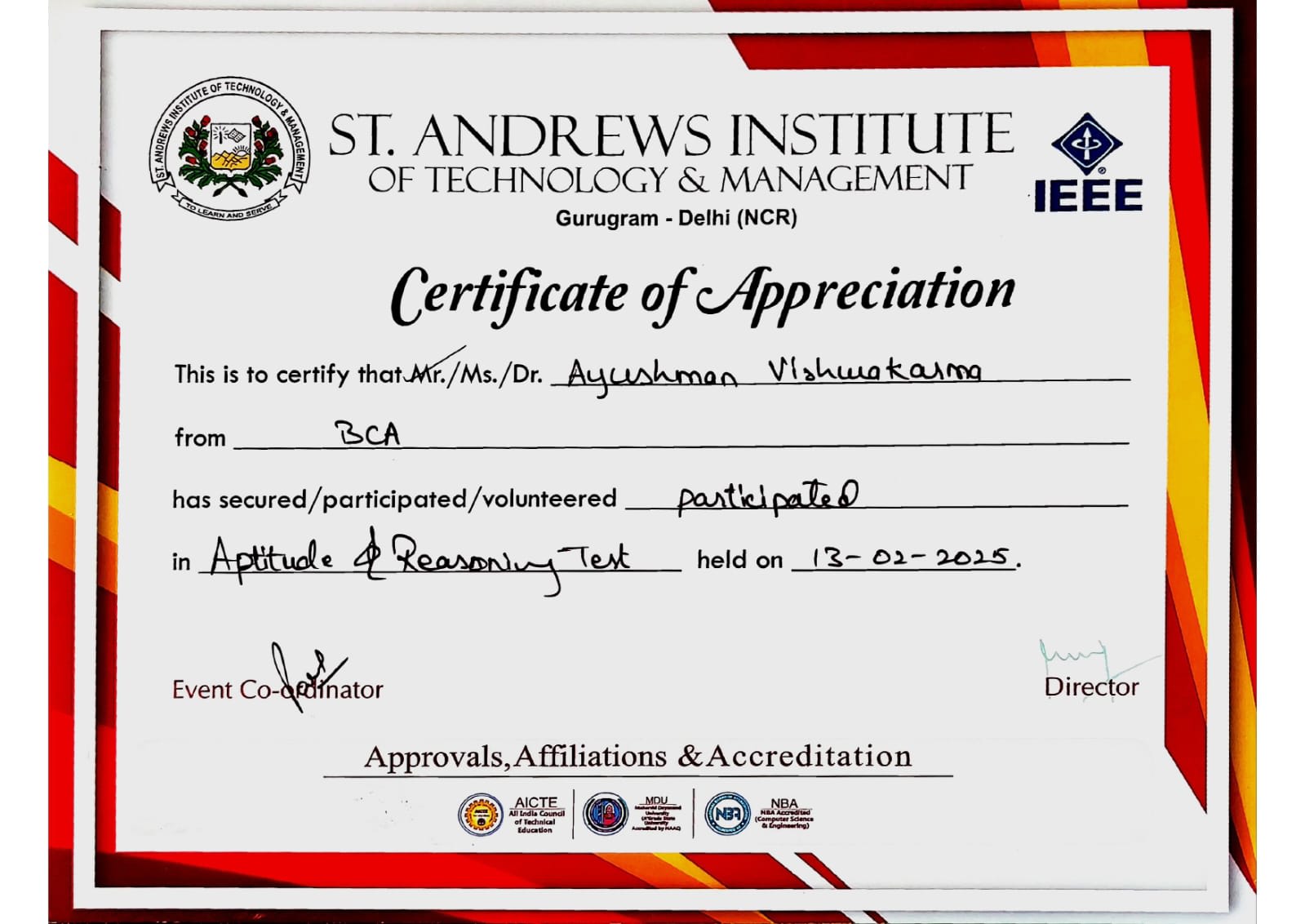 Certificate of Appreciation — Aptitude & Reasoning certificate