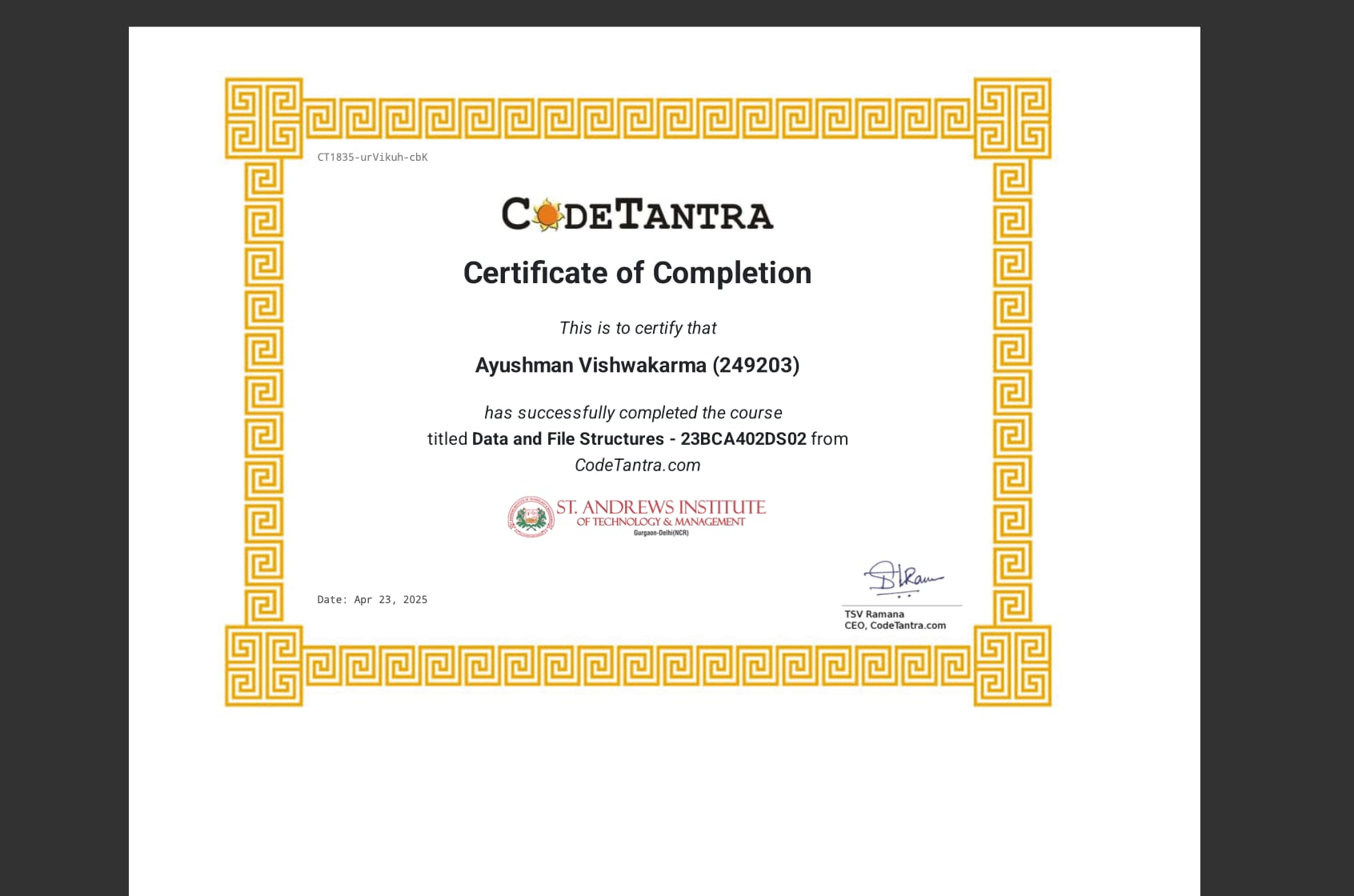 Data and File Structures — 100% Completion certificate