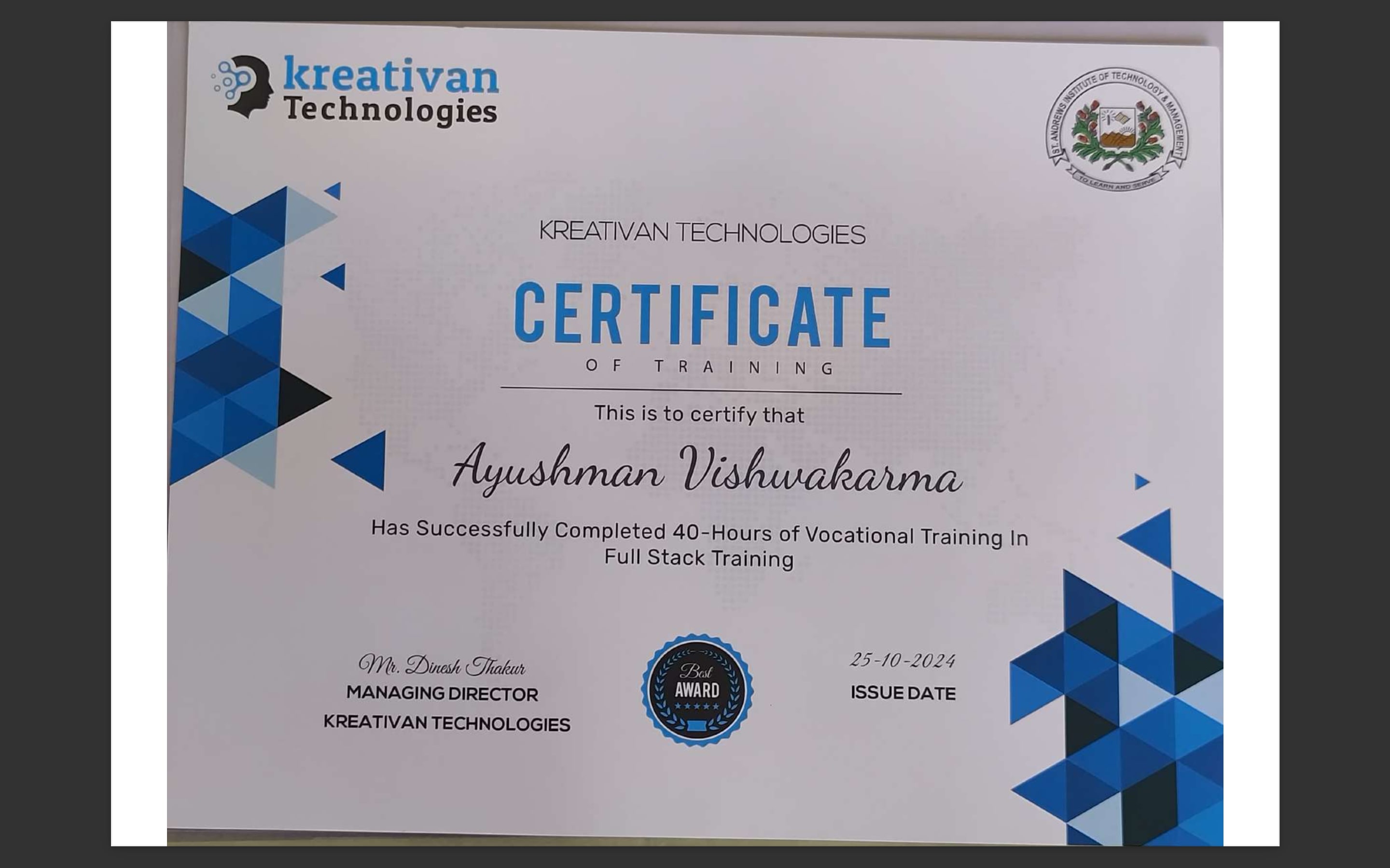 Certificate of Full Stack Training certificate