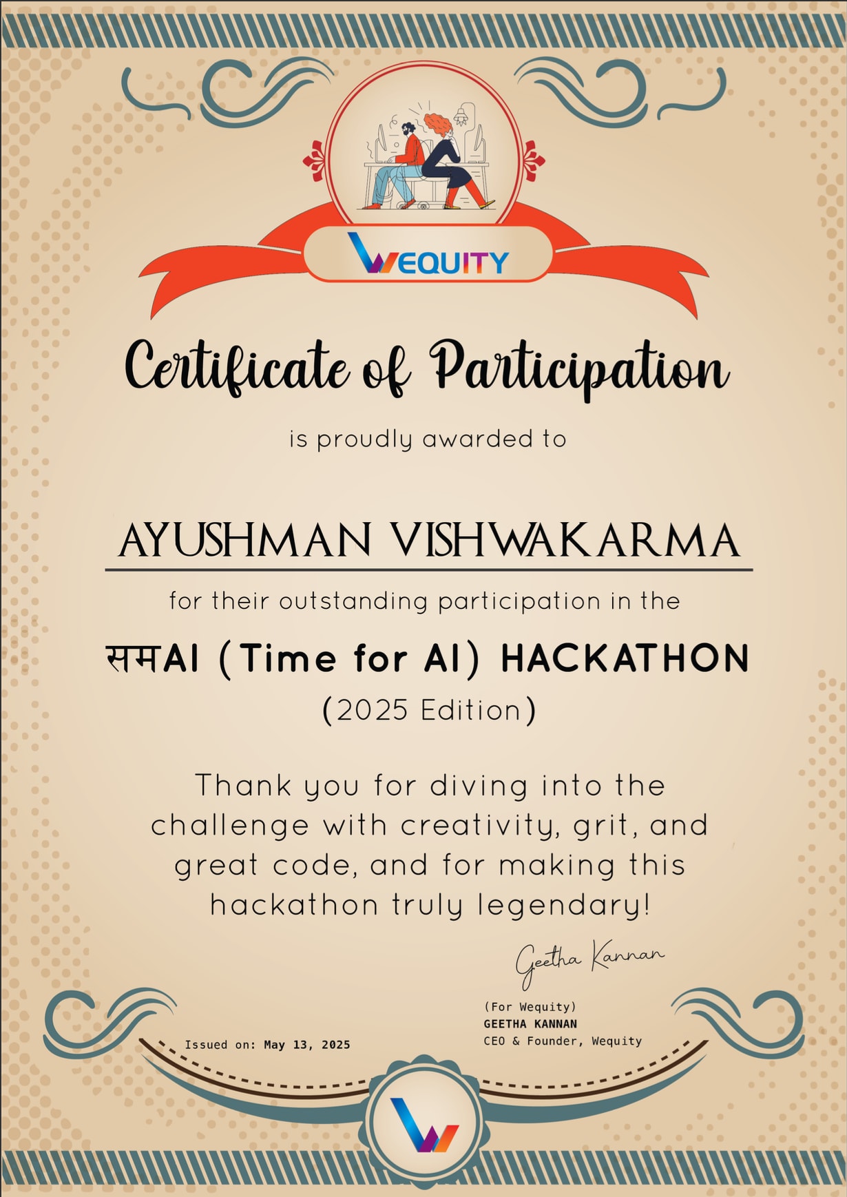 Certificate of Participation — SamAI Hackathon certificate