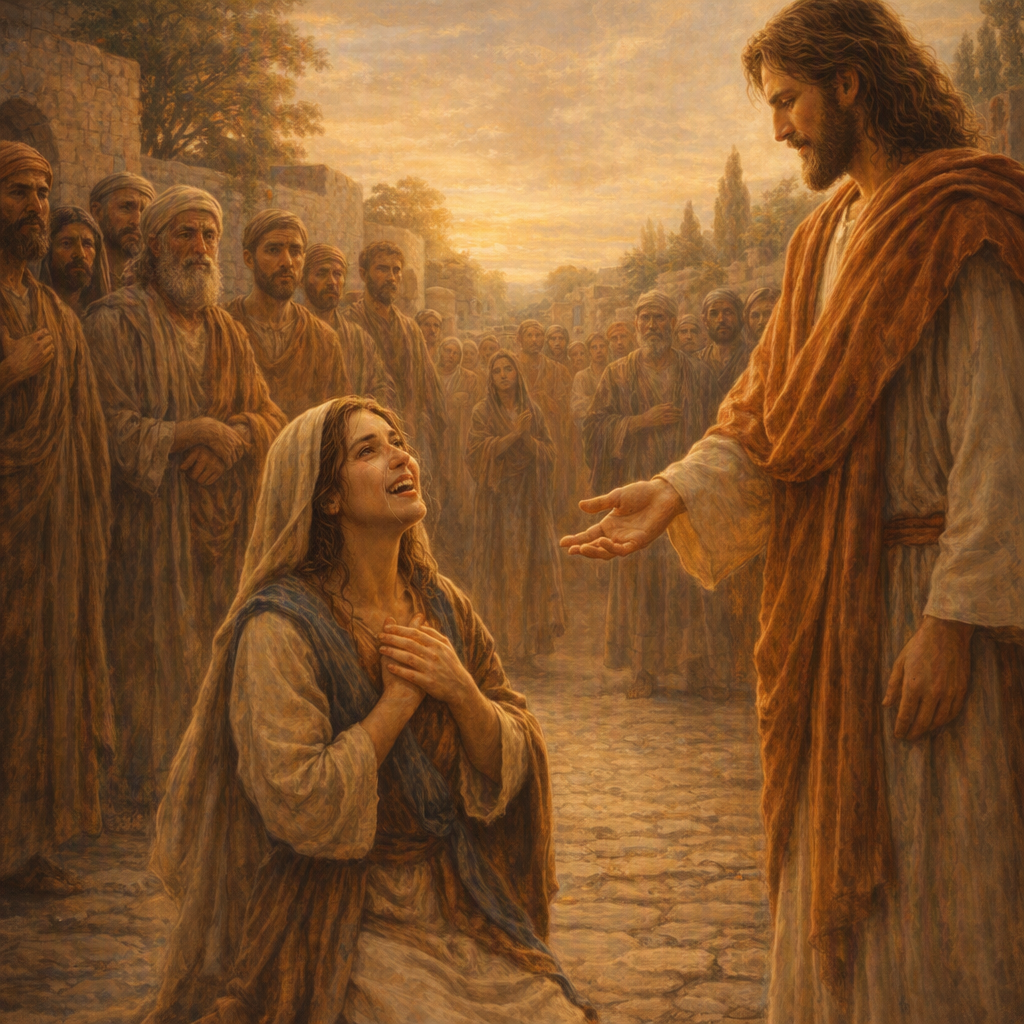 Jesus parando para chamar a mulher de filha e restaurar sua identidade
