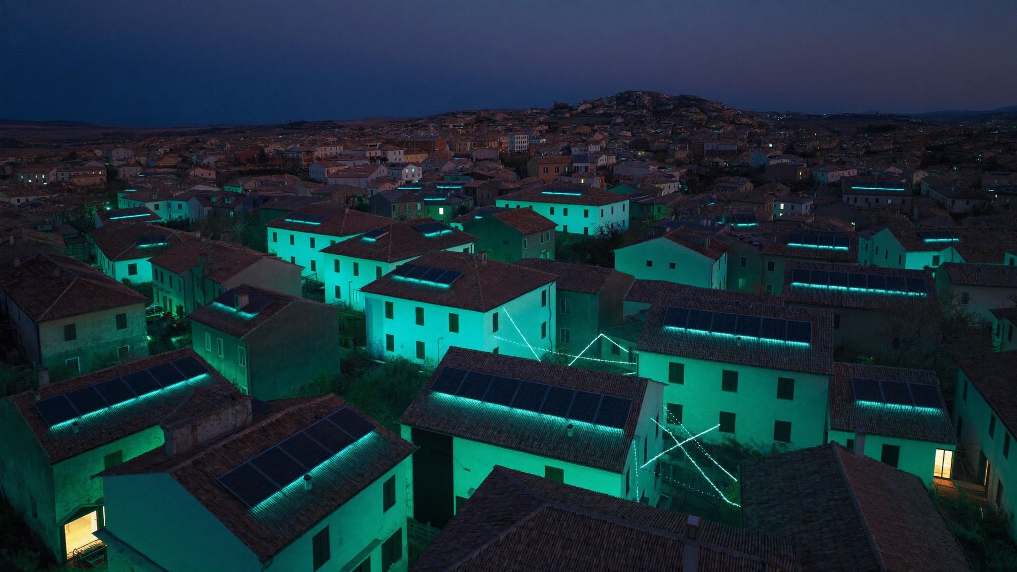 Borgo italiano al tramonto con pannelli solari sui tetti collegati da tracce di luce