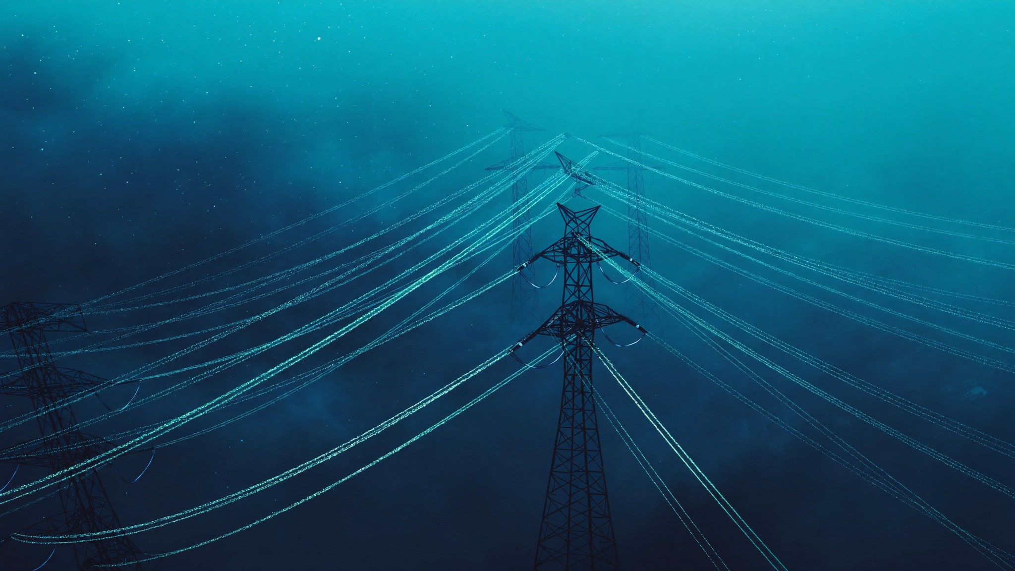 Tralicci dell'alta tensione nell'ora blu