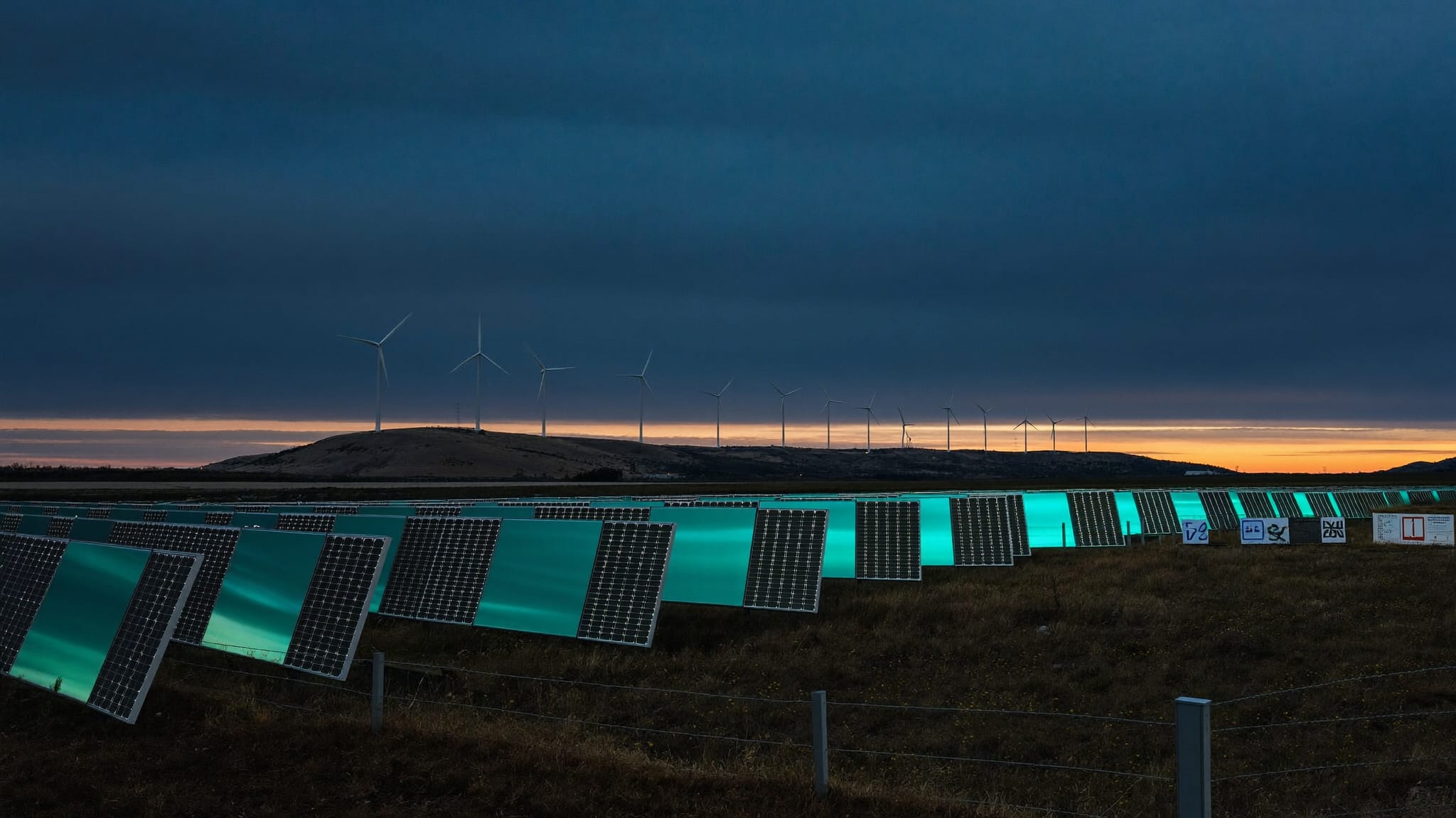 Campo fotovoltaico con pale eoliche sullo sfondo al crepuscolo