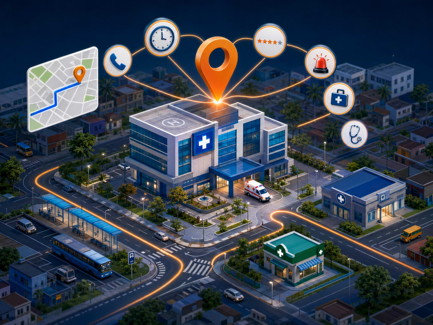Hospital and clinic local listings with categories, hours, services, and review responses