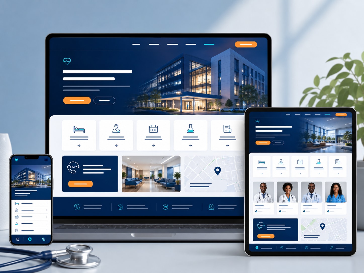 Hospital and clinic website with services, hours, booking paths, and WhatsApp capture