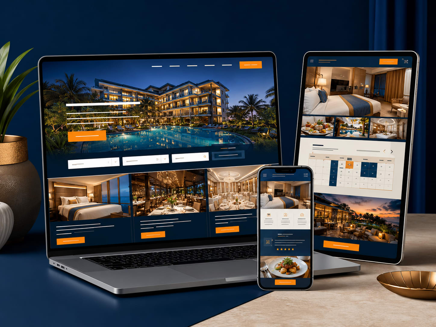 Hotel and hospitality website with room, rate, amenity, and enquiry paths with email and WhatsApp capture