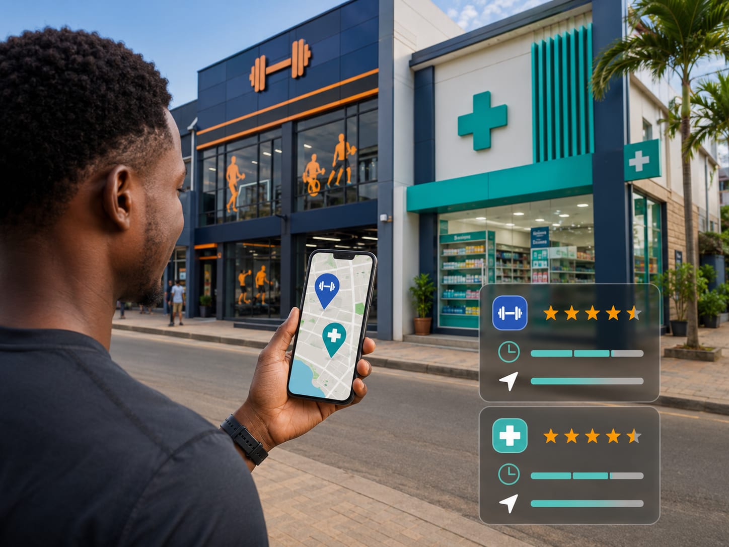 Pharmacy and fitness center local listings with hours, service categories, reviews, and directions for nearby searches