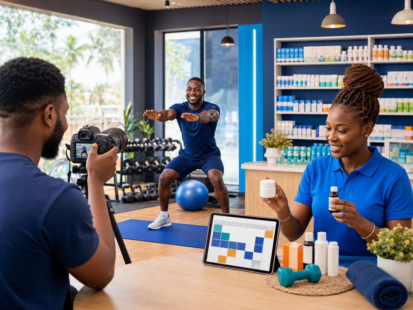 Pharmacy and fitness center social media with stock, wellness, offers, classes, members, and trust-building content