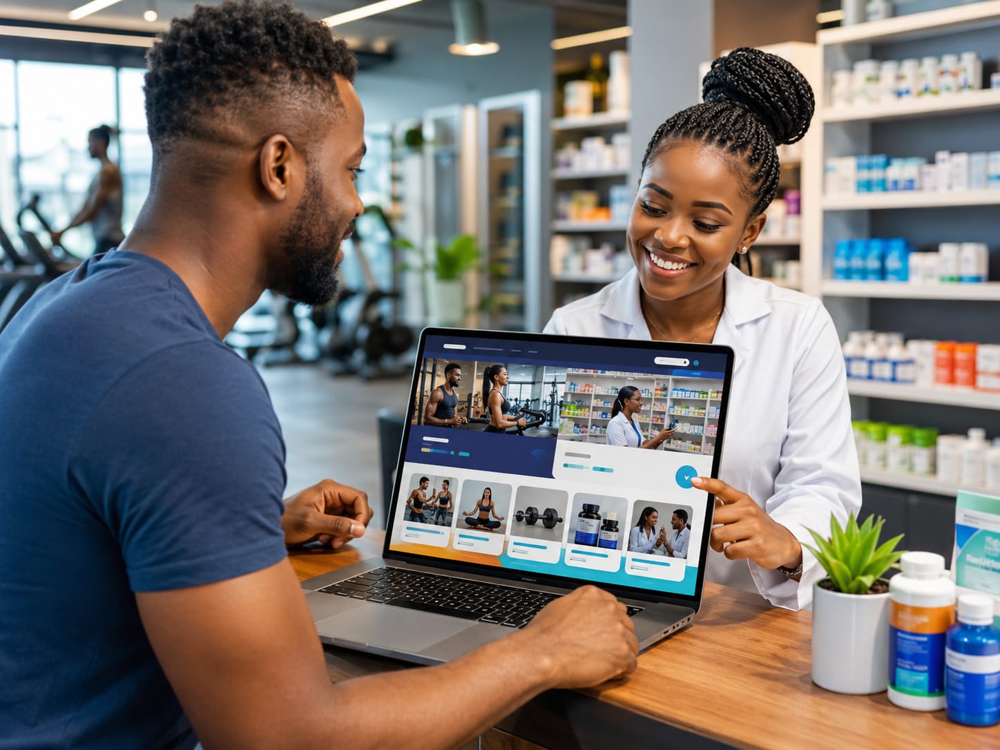 Pharmacy and fitness center website with hours, services, product categories, memberships, and WhatsApp contact